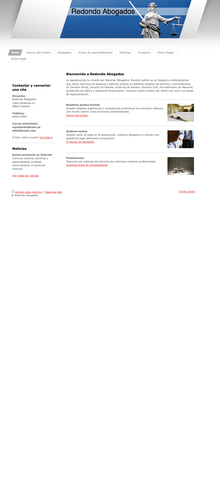 Captura de la web actual de Redondo Abogados en un móvil