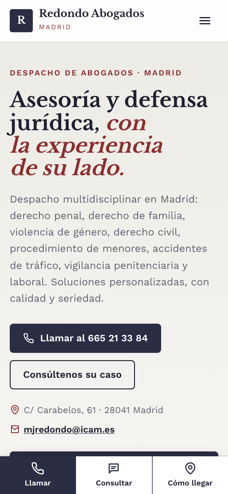 Captura de la web nueva de Redondo Abogados en un móvil